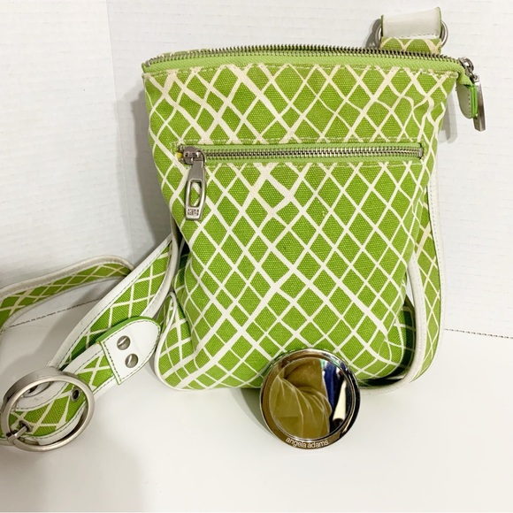 Angela Adams Lime Green Cotton Canvas with Leather Trims Crossbody Bag Lined🟢🟡 - Picture 7 of 14